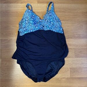 Blue Floral Tankini Swimsuit-Land’s End 22W Fully lined control bottom/underwire